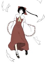 Rule 34 | 1girl, ascot, bare shoulders, black hair, bobby socks, bow, detached sleeves, dress, female focus, full body, hair bow, hakurei reimu, long hair, long sleeves, looking at viewer, nontraditional miko, paper, ponytail, red bow, red dress, ribbon-trimmed sleeves, ribbon trim, short hair, short hair with long locks, simple background, socks, solo, touhou, white background, white socks, wide sleeves