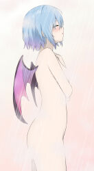 Rule 34 | 1girl, absurdres, arm under breasts, bat wings, blue hair, blush, breasts, closed eyes, commentary, completely nude, convenient censoring, cowboy shot, from side, hair between eyes, highres, no headwear, nude, parted lips, profile, remilia scarlet, short hair, shower (place), showering, sideboob, simple background, small breasts, solo, steam, steam censor, straight hair, szl, touhou, wet, wings