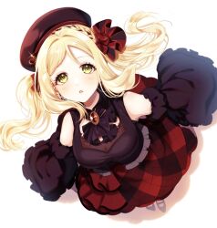 Rule 34 | 1girl, alternate hairstyle, ascot, blonde hair, braid, breasts, brooch, chestnut mouth, commentary, crown braid, detached sleeves, eyelashes, flat cap, from above, hair ornament, hat, highres, jewelry, long hair, looking at viewer, love live!, love live! sunshine!!, medium breasts, nky4321, ohara mari, parted lips, plaid, plaid skirt, red hat, red shirt, red skirt, shirt, shooting star warrior (love live!), simple background, single bang, skirt, sleeveless, sleeveless shirt, solo, tareme, twintails, white background, yellow eyes