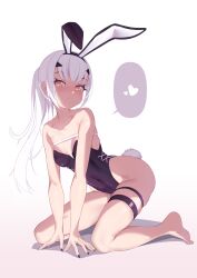 Rule 34 | 1girl, absurdres, animal ears, bare shoulders, barefoot, black leotard, breasts, collarbone, covered navel, fake animal ears, fake tail, fate/grand order, fate (series), forked eyebrows, highleg, highleg leotard, highres, jilu, kneeling, leotard, long hair, looking at viewer, melusine (fate), playboy bunny, ponytail, rabbit ears, rabbit tail, sidelocks, small breasts, solo, tail, thigh strap, white hair, yellow eyes
