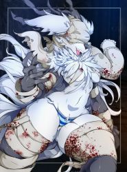 Rule 34 | 1girl, bandages, blindfold, blood, blood stain, bloodborne, breasts, claws, cleavage, fangs, furry, furry female, highres, panties, slugbox, solo, striped clothes, striped panties, thick thighs, thighs, underwear, vicar amelia