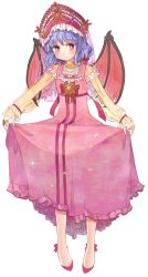 Rule 34 | 1girl, alternate costume, bat wings, blush, brooch, crown, curtsey, dress, ef (ppps33), full body, highres, jewelry, long sleeves, necklace, pearl necklace, pink dress, pink eyes, pink footwear, remilia scarlet, ribbon, ring, see-through, see-through sleeves, shoes, smile, solo, sparkle, toes, touhou, transparent background, transparent sleeves, veil, wings