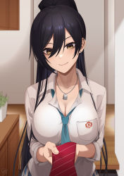 Rule 34 | 1girl, black hair, blue necktie, breast pocket, breasts, cleavage, closed mouth, collarbone, collared shirt, dog tags, earrings, empty eyes, hair between eyes, high ponytail, highres, idolmaster, idolmaster shiny colors, indoors, ironatsuki, jewelry, large breasts, long hair, looking at viewer, necktie, pocket, ponytail, pov, red necktie, school uniform, shirase sakuya, shirt, smile, solo, stud earrings, upper body, very long hair, white shirt, yellow eyes