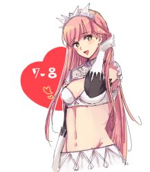 Rule 34 | 1girl, :d, bird, black sleeves, blush, bra, breasts, brown eyes, cleavage, crow, detached sleeves, fate/grand order, fate (series), gloves, groin, hand in own hair, head tilt, long hair, long sleeves, medb (fate), midriff, navel, nm222, open mouth, pink hair, simple background, small breasts, smile, solo, standing, stomach, underwear, very long hair, white background, white bra, white gloves