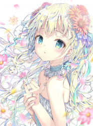Rule 34 | 1girl, bare arms, bare shoulders, blonde hair, blue choker, blue eyes, blue flower, breasts, choker, cleavage, comiket 102, commentary request, flower, hair flower, hair ornament, hands up, long hair, looking at viewer, mizuki yuuma, nail polish, orange flower, original, own hands together, parted lips, petals, purple nails, red flower, small breasts, solo, very long hair, white background, white flower