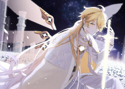 Rule 34 | 1boy, absurdres, aether (genshin impact), ahoge, alternate costume, blonde hair, cape, flower, genshin impact, glowing, glowing sword, glowing weapon, hair between eyes, highres, holding, holding sword, holding weapon, laurel crown, long hair, long sleeves, looking at viewer, male focus, night, outdoors, pants, petals, pillar, poi poifu, sky, smile, solo, star (sky), starry sky, sword, very long hair, weapon, white flower, white pants, wings, yellow eyes