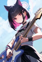 Rule 34 | 1girl, animal ears, bass guitar, black choker, black hair, black jacket, black mask, black wristband, blue archive, blue sky, blunt bangs, cat ears, choker, closed mouth, clothes around waist, cloud, colored inner hair, commentary request, day, earclip, earrings, extra ears, halo, highres, holding, holding instrument, instrument, jacket, jacket around waist, jewelry, kazusa (band) (blue archive), kazusa (blue archive), looking down, mask, mask around neck, mellow (srpp4843), mouth mask, multicolored hair, multiple rings, music, official alternate costume, outdoors, pink eyes, pink hair, pink halo, playing instrument, ring, shirt, short hair, short sleeves, skirt, sky, solo, stud earrings, sweat, white shirt, white skirt