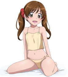 Rule 34 | 1girl, blush, brown eyes, brown hair, long hair, looking at viewer, navel, open mouth, precure, precure all stars new stage: mirai no tomodachi, sakagami ayumi, sakecho, sitting, solo, stomach, twintails, underwear, underwear only, wariza
