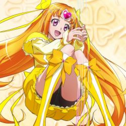 Rule 34 | 10s, 1girl, :d, bow, bubble skirt, cure muse, cure muse (yellow), haruyama kazunori, heart, long hair, magical girl, open mouth, orange hair, panties, precure, purple eyes, shirabe ako, skirt, smile, solo, suite precure, twintails, underwear, very long hair, yellow bow