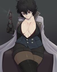 Rule 34 | 1girl, black clover, black hair, breasts, cleavage, glasses, gloves, holding glasses, limn044, looking at viewer, red eyes, sally (black clover), short hair, smile, solo