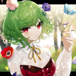 Rule 34 | 1girl, bad id, bad twitter id, blue flower, blush, breasts, commentary, daimaou ruaeru, dress, english commentary, flower, green hair, hand up, highres, kazami yuuka, large breasts, letterboxed, long sleeves, looking at viewer, neck ribbon, outside border, petals, pink flower, purple flower, red dress, red eyes, red flower, ribbon, see-through, see-through shirt, shirt, short hair, solo, strapless, strapless dress, touhou, upper body, white shirt, yellow ribbon