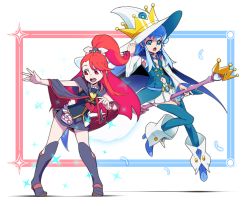 Rule 34 | 2girls, armpits, bare shoulders, blue hair, blue thighhighs, boots, brooch, crown, cure princess, detached sleeves, full body, han megumi, happinesscharge precure!, hat, heart, jewelry, kagari atsuko, little witch academia, long hair, miniskirt, multiple girls, navel, open mouth, pleated skirt, ponytail, precure, red hair, shirayuki hime, simple background, skirt, sparkle, thighhighs, uganda (ugandam 00), voice actor connection, white background, white hat, witch hat