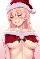 Rule 34 | 1girl, bare shoulders, blonde hair, blush, breasts, commentary request, fur-trimmed headwear, fur trim, gradient background, hat, huyumitsu, large breasts, long hair, original, paid reward available, red hat, santa hat, scowl, simple background, solo, straight hair, upper body, yellow eyes