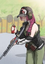 Rule 34 | 1girl, absurdres, ammunition, ammunition pouch, baseball cap, black bow, black jacket, blush, bocchi the rock!, bow, braid, breasts, cleavage, closed eyes, dress, fang, goggles, green dress, gugyun (gugyun 00), gun, hair bow, hat, headphones, highres, hiroi kikuri, jacket, long hair, medium breasts, off shoulder, open mouth, outdoors, pouch, reloading, shooting range, shotgun, shotgun shell, side braid, single braid, sketch, smile, solo, strap slip, sweat, weapon
