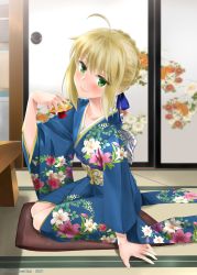 Rule 34 | 1girl, ahoge, alcohol, alternate costume, artoria pendragon (all), artoria pendragon (fate), blonde hair, blush, braid, cup, drunk, fate/stay night, fate (series), french braid, green eyes, highres, holding, holding cup, japanese clothes, kimono, looking at viewer, saber (fate), sakazuki, sake, shirotsumekusa, smile, solo