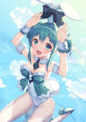 Rule 34 | 1girl, alternate hair length, alternate hairstyle, animal ears, aqua eyes, aqua footwear, aqua hair, aqua vest, armband, bicute bunnies miku, black bow, black neckwear, blue sky, bow, bowtie, breasts, cleavage, cloud, commentary, day, double bun, fishnet pantyhose, fishnets, from above, fur-trimmed leotard, fur collar, fur trim, hair bun, hands up, hatsune miku, high heels, highres, leotard, looking at viewer, medium breasts, necktie, open mouth, outdoors, pantyhose, pine (angel4195202), playboy bunny, rabbit ears, rabbit girl, rabbit tail, reflection, ripples, short hair, short necktie, sidelocks, sitting, sitting on water, sky, smile, symbol-only commentary, tail, vest, vocaloid, wariza, white leotard, white pantyhose, wristband