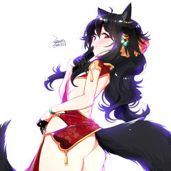 Rule 34 | 1girl, animal ears, ass, black hair, blush, breasts, china dress, chinese clothes, closed mouth, dated, dress, ejami, ekko (ejami), fox ears, fox girl, fox tail, long hair, looking at viewer, new year, original, red eyes, signature, simple background, small breasts, smile, solo, tail, white background