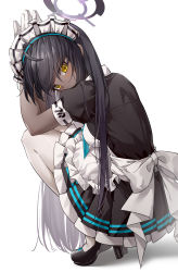 Rule 34 | 1girl, absurdres, ahoge, apron, black dress, black footwear, black hair, blue archive, commentary request, dark-skinned female, dark skin, dress, frilled apron, frills, head tilt, high heels, highres, karin (blue archive), long hair, looking at viewer, maid, maid apron, maid headdress, pantyhose, pleated dress, shao (shaorouhong), short dress, simple background, solo, squatting, very long hair, white apron, white background, white pantyhose, yellow eyes