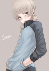 Rule 34 | 10s, 1girl, aki (girls und panzer), artist name, blue jacket, closed mouth, commentary, girls und panzer, green eyes, grey background, hair tie, hands in pockets, highres, jacket, keizoku military uniform, light brown hair, long sleeves, looking at viewer, military, military uniform, mouth hold, one-hour drawing challenge, raglan sleeves, short hair, short twintails, simple background, smile, solo, standing, tacch, track jacket, twintails, uniform, upper body, zipper