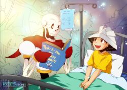 Rule 34 | 2boys, :d, artist name, bed, book, boy (rakuen), brown eyes, commentary, commission, english commentary, highres, intravenous drip, male focus, mittens, multiple boys, open mouth, paper hat, papyrus (undertale), pillow, polaris (polarissketches), rakuen, rakuen (series), reading, red mittens, red scarf, scarf, shirt, skeleton, smile, under covers, undertale, yellow shirt