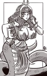 Rule 34 | 1girl, absurdres, armlet, border, bracer, breasts, cleavage, commentary, commission, covered erect nipples, english commentary, facial mark, fingernails, full body, greyscale, hand on own hip, headdress, highres, indie virtual youtuber, jewelry, lamia, large breasts, long hair, looking to the side, monochrome, monster girl, outside border, parted lips, pasties, pelvic curtain, revealing clothes, scales, scruffyturtles, second-party source, sharp fingernails, signature, simple background, slit pupils, solo, usekh collar, vexoria the sun eater, virtual youtuber, white background, wide hips