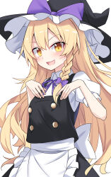 Rule 34 | 1girl, apron, black hat, black skirt, black vest, blonde hair, blush, bow, braid, collared shirt, commentary, e.o., fingernails, hair bow, hat, hat bow, highres, kirisame marisa, long hair, looking at viewer, open mouth, puffy short sleeves, puffy sleeves, purple bow, shirt, short sleeves, simple background, single braid, skirt, smile, solo, touhou, upper body, vest, waist apron, white apron, white background, white shirt, witch hat, yellow eyes