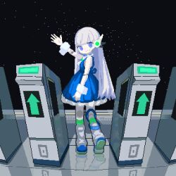 Rule 34 | 1girl, aiobahn, android, animated, animated gif, artist request, blinking, blue dress, blue eyes, blunt bangs, closed mouth, dress, fare gate, full body, grey hair, hand up, joints, long hair, looking at viewer, lowres, open hand, outdoors, pixel art, reflective floor, robot joints, second-party source, shoe soles, shoes, shooting star, sky, smile, solo, standing, star (sky), starry sky, waving, wrist cuffs
