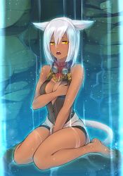 Rule 34 | 10s, 1girl, animal ears, bare shoulders, barefoot, between legs, blush, breasts, cat ears, cat tail, cleavage, covering privates, covering breasts, dark-skinned female, dark skin, final fantasy, final fantasy xiv, goggles, hairband, miqo&#039;te, open mouth, short hair, silver hair, sitting, slit pupils, solo, tail, takatsuki kahiro, wariza, warrior of light (ff14), water, wet, wet clothes, yellow eyes