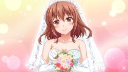 Rule 34 | 1girl, bare shoulders, blush, bouquet, breasts, bridal veil, brown eyes, brown hair, cleavage, collarbone, dress, elbow gloves, female focus, flower, game cg, gloves, head tilt, holding, jewelry, looking at viewer, maruto!, necklace, ore no yome: anata dake no hanayome, osananajimi type, rose, short hair, smile, solo, sparkle, strapless, strapless dress, veil, wedding, wedding dress, white dress, white gloves