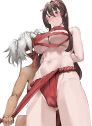 Rule 34 | 2girls, arms behind back, blush, breasts, brown eyes, brown hair, budget sarashi, cameltoe, chest sarashi, cleft of venus, covered erect nipples, dark-skinned female, dark skin, embarrassed, evil smile, flower, frontal wedgie, fundoshi, fundoshi pull, glasses, glint, glowing glasses, gluteal fold, grey hair, hair between eyes, hair flower, hair ornament, headband, headgear, high ponytail, highres, hip focus, humiliation, japanese clothes, kantai collection, large breasts, long hair, multiple girls, musashi (kancolle), navel, open mouth, pink flower, ponytail, pulling another&#039;s clothes, red fundoshi, red ribbon, restrained, ribbon, sarashi, sebakanken, smile, twintails, wavy mouth, wedgie, white background, yamato (kancolle)