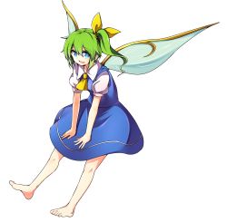 Rule 34 | 1girl, absurdres, baba (baba seimaijo), barefoot, blue eyes, bow, daiyousei, dress, fairy wings, full body, green hair, hair bow, hair ribbon, highres, open mouth, parody, ribbon, short hair, side ponytail, smile, solo, style parody, touhou, transparent background, wings