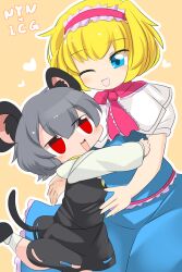 Rule 34 | 2girls, :d, alice margatroid, animal ears, ascot, blonde hair, blue dress, blue eyes, blush, breasts, commentary request, cookie (touhou), dress, feet out of frame, foot out of frame, grey hair, grey skirt, grey vest, hairband, heart, highres, hug, ichigo (cookie), lets0020, long sleeves, looking at another, medium bangs, mouse ears, mouse girl, mouse tail, multiple girls, nazrin, nyon (cookie), one eye closed, open mouth, orange background, pink ascot, pink hairband, pink sash, puffy short sleeves, puffy sleeves, red eyes, sash, shirt, short hair, short sleeves, skirt, skirt set, small breasts, smile, socks, tail, touhou, vest, white shirt, white socks, yuri