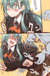 Rule 34 | 10s, 1girl, ^^^, aqua hair, blazer, blush, breasts, brown legwear, commentary request, green eyes, green hair, hair ornament, hairclip, jacket, kantai collection, large breasts, long hair, mikagami sou, one eye closed, open mouth, pleated skirt, school uniform, skirt, smile, solo focus, suzuya (kancolle), tears, tickling, tickling sides, wavy mouth