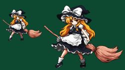 Rule 34 | 1girl, apron, bad id, bad pixiv id, black dress, black footwear, black hair, blonde hair, bow, broom, clenched hand, closed mouth, commentary request, dress, frilled hat, frills, full body, green background, hair bow, hat, hat bow, holding, holding broom, kirisame marisa, long hair, looking at viewer, mary janes, multiple views, namako daibakuhatsu, pixel art, puffy short sleeves, puffy sleeves, shoes, short sleeves, sidelocks, simple background, smile, socks, standing, touhou, waist apron, wavy hair, white apron, white bow, white legwear, witch hat, yellow eyes