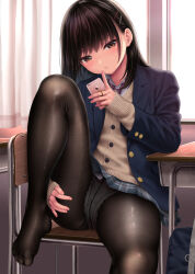 Rule 34 | 1girl, ass, bag, black hair, black pantyhose, brown eyes, cellphone, chair, classroom, commentary request, desk, fine fabric emphasis, hair ornament, hairclip, indoors, kase daiki, lace, lace-trimmed panties, lace panties, lace trim, leg up, legs, long hair, necktie, no shoes, original, panties, panties under pantyhose, pantyhose, parted lips, phone, pleated skirt, revision, school bag, school chair, school desk, school uniform, sitting, sitting sideways, skirt, smartphone, solo, spread legs, underwear, white panties