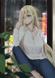 Rule 34 | 1girl, absurdres, alternate costume, blonde hair, blue eyes, blush, breasts, denim, hair between eyes, highres, indoors, jeans, kantai collection, large breasts, long hair, long sleeves, mole, mole under eye, mole under mouth, night, open mouth, pants, rain, richelieu (kancolle), rinrin kai, shirt, sitting, solo, white shirt