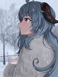Rule 34 | 1girl, alternate costume, blue hair, cup, ganyu (genshin impact), genshin impact, goat horns, highres, holding, holding cup, horns, jacket, long hair, purple eyes, smile, snow, solo, vickie (cryingrobot), white jacket, winter