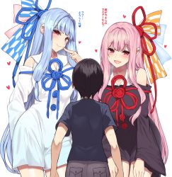 Rule 34 | 1boy, 2girls, :d, age difference, bare shoulders, black shirt, blue dress, blue hair, blue ribbon, blush, breasts, brown dress, brown sleeves, closed mouth, collarbone, commentary request, detached sleeves, dress, gradient dress, hair ribbon, heart, highres, kotonoha akane, kotonoha aoi, leaning forward, long hair, long sleeves, medium breasts, multiple girls, open mouth, pink hair, red eyes, red ribbon, ribbon, shirt, short hair, siblings, simple background, sisters, sleeveless, sleeveless dress, smile, translation request, very long hair, voiceroid, white background, white dress, wide sleeves, yappen