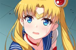 Rule 34 | 1girl, bare shoulders, bishoujo senshi sailor moon, blonde hair, blue eyes, blue sailor collar, blush, bow, bowtie, breasts, choker, circlet, cleavage, collarbone, commentary, crescent, crescent earrings, derivative work, earrings, eyelashes, from side, hair ornament, heart, heart choker, jewelry, meme, open mouth, parted bangs, parted lips, red bow, red bowtie, red choker, rumaki, sailor collar, sailor moon, sailor moon redraw challenge (meme), sailor senshi uniform, school uniform, screenshot redraw, serafuku, solo, sweatdrop, teeth, tsukino usagi, twintails, twitter username, upper body