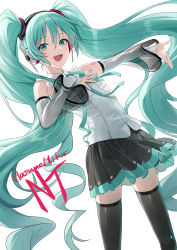 Rule 34 | 1girl, :d, absurdres, blue eyes, blue hair, blush, character name, collared shirt, coppepan, detached sleeves, frilled sleeves, frills, hair ornament, hand on own chest, hatsune miku, hatsune miku (nt), headphones, highres, layered sleeves, long hair, long sleeves, looking at viewer, nail polish, neck ribbon, open mouth, outstretched arm, pleated skirt, ribbon, see-through, see-through sleeves, shirt, skirt, sleeveless, sleeveless shirt, smile, solo, thighhighs, twintails, very long hair, vocaloid