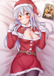 Rule 34 | 1girl, anti (untea9), blu-ray, breasts, brown eyes, capelet, christmas, cleavage, dress, fur-trimmed capelet, fur-trimmed headwear, fur trim, hat, highres, kantai collection, long hair, looking at viewer, lying, medium breasts, merry christmas, pantyhose, red capelet, red hat, santa costume, santa dress, santa hat, shoukaku (kancolle), solo, white hair