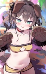 1girl :p absurdres ahoge animal_ears animal_hands aqua_eyes ayaoshiro blush breasts brown_hair choker cleavage_cutout clothing_cutout collarbone dog_ears fake_animal_ears gloves highres hololive looking_at_viewer loungewear natsuiro_matsuri natsuiro_matsuri_(matsuri&#039;s_day_off) navel official_alternate_costume open_clothes paw_gloves red_choker short_shorts shorts small_breasts solo stomach strapless tongue tongue_out tube_top virtual_youtuber yellow_shorts yellow_tube_top