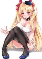 Rule 34 | 1girl, black hat, black pantyhose, blonde hair, blue footwear, breasts, clothes pull, earrings, ereshkigal (fate), fate/grand order, fate (series), hair ribbon, hat, high heels, highres, jewelry, konka, leotard, long hair, medium breasts, pantyhose, pantyhose pull, parted bangs, red eyes, red ribbon, ribbon, sitting, solo, two side up, undressing, white leotard