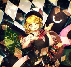 Rule 34 | 1other, androgynous, argyle, argyle background, argyle clothes, bad id, bad pixiv id, between fingers, black background, black hairband, black skirt, black vest, blackjack table, blonde hair, bow, bowtie, card, center frills, club (shape), collared shirt, dated, dice hair ornament, eye of senri, fingernails, floating card, frills, hair ornament, hairband, hand up, heart, holding, holding card, len&#039;en, looking at viewer, one eye closed, open mouth, playing card, puffy short sleeves, puffy sleeves, red bow, red bowtie, roulette table, shirt, short hair, short sleeves, signature, skirt, skirt set, smile, solo, table, two-tone background, upper body, v-neck, vest, white background, white shirt, white wrist cuffs, wrist cuffs, xeno a, yellow eyes, yellow nails, yukkyon kyon