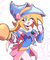 Rule 34 | 1girl, :d, artsy-rc, blonde hair, blue vest, blush stickers, breasts, cleavage, commentary, cowboy shot, dark magician girl, detached collar, english commentary, green eyes, hat, highres, holding, holding wand, long hair, looking at viewer, one eye closed, open mouth, pink skirt, pleated skirt, signature, skirt, smile, solo, vest, wand, wizard hat, yu-gi-oh!