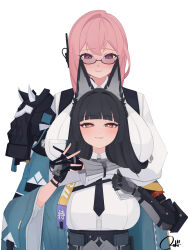 2girls absurdres animal_ear_fluff animal_ears armor black_gloves black_hair black_necktie blunt_bangs blush breasts closed_mouth commission commissioner_upload dress fingerless_gloves fox_ears fox_girl funf7245 furrowed_brow glasses gloves green_jacket hair_between_eyes highres hoshimi_miyabi huge_breasts interlocked_fingers jacket large_breasts lipstick_mark long_hair looking_at_another looking_at_viewer multiple_girls necktie non-web_source open_clothes open_jacket pink_eyes pink_hair red_eyes shirt shoulder_armor sidelocks signature simple_background single_fingerless_glove smile textless_version thumbs_up tsukishiro_yanagi upper_body white_background white_shirt yuri zenless_zone_zero