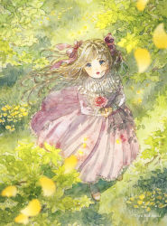 Rule 34 | 1girl, absurdres, artist name, blue eyes, brown footwear, commission, dappled sunlight, day, dress, floating hair, flower, foliage, frilled dress, frills, from above, gradient eyes, green background, green eyes, hair ribbon, hanasaki taru, highres, holding, holding flower, leaf, long dress, long hair, long skirt, long sleeves, looking up, multicolored eyes, original, painting (medium), plant, purple dress, purple ribbon, red flower, ribbon, rose, skeb commission, skirt, solo, standing, sunlight, traditional media, two-tone, watercolor (medium), white trim, wind, yellow eyes