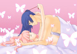 Rule 34 | 00s, 1boy, 1girl, bed, bed sheet, blue eyes, blue hair, breasts, bug, butterfly, censored, convenient censoring, couple, closed eyes, happy, hetero, insect, koz, long hair, lying, macross, macross frontier, naked sheet, nude, on back, pink hair, ponytail, saotome alto, sheryl nome, topless male, small breasts, smile, topless