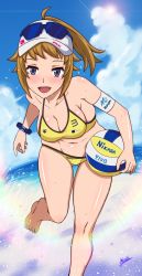 Rule 34 | 1girl, :d, aiuti, armband, ball, bare shoulders, barefoot, beach, bikini, blue eyes, blue sky, blush, bracelet, brand name imitation, breasts, cleavage, cloud, collarbone, commentary request, cowboy shot, day, diffraction spikes, groin, gundam, gundam build fighters, gundam build fighters try, hat, highres, holding, holding ball, hoshino fumina, jewelry, light brown hair, looking at viewer, medium breasts, midriff, mikasa sports, navel, ocean, open mouth, ponytail, sand, sidelocks, signature, skindentation, sky, smile, solo, sports bikini, sports sunglasses, standing, standing on one leg, sun, sunglasses, sweat, swimsuit, visor cap, volleyball, volleyball (object), water drop, white hat, yellow bikini