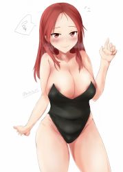 Rule 34 | 1girl, absurdres, areola slip, bad id, bad pixiv id, blush, breasts, breath, cleavage, collarbone, covered erect nipples, covered navel, groin, hentai eikoku shinshi, highres, large breasts, leotard, looking at viewer, minna-dietlinde wilcke, plump, red eyes, red hair, simple background, smile, solo, strike witches, sweat, white background, world witches series
